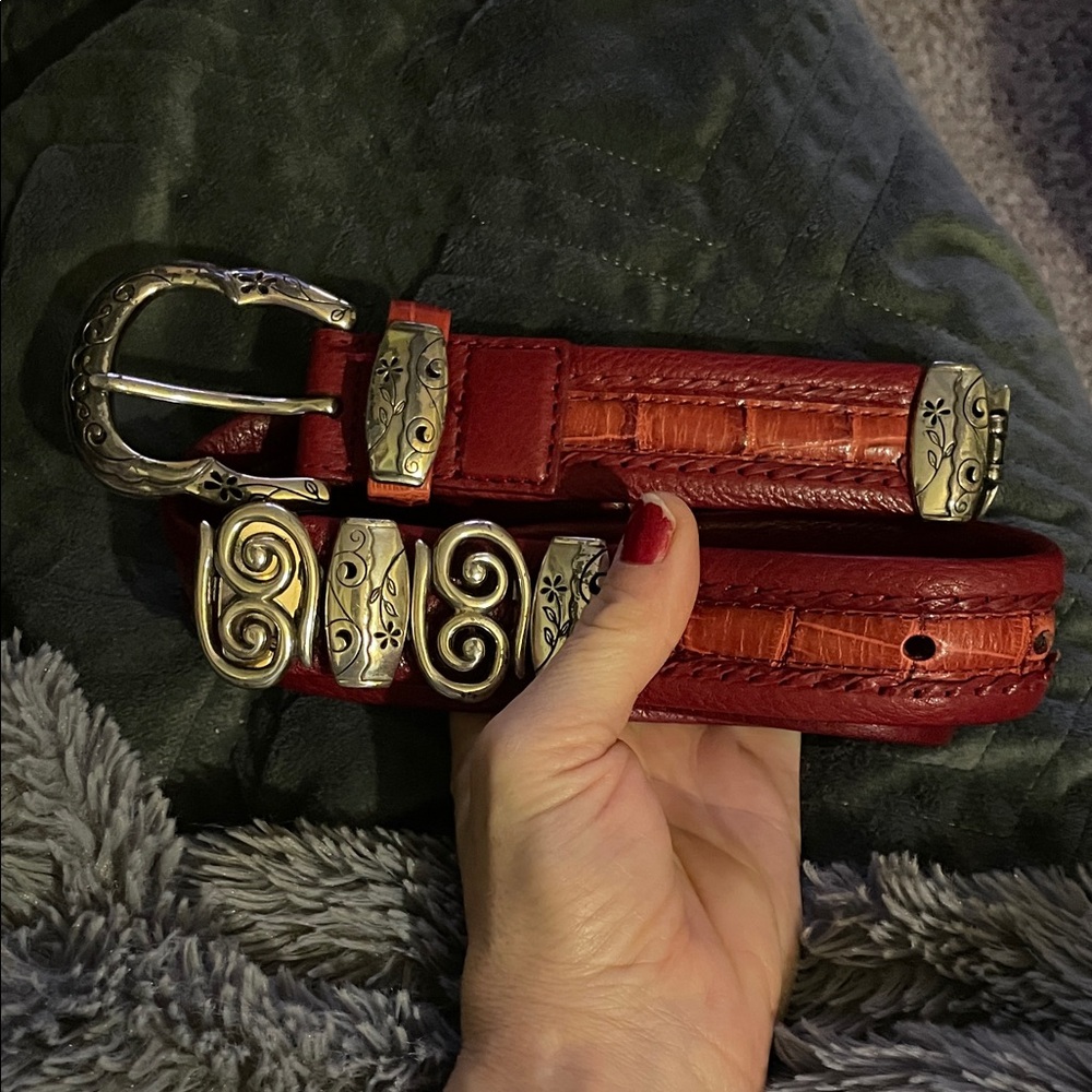Brighton Red Leather Belt with Silver metal Accents- like new
